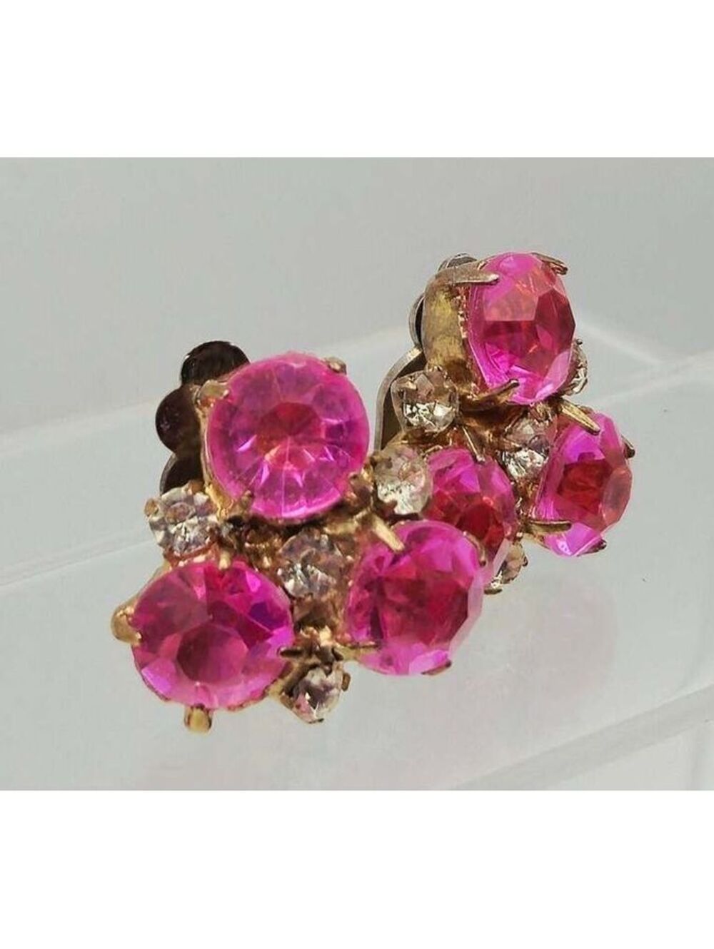 Vintage Mid-Century Pink Rhinestone Cluster Clip-On Earrings